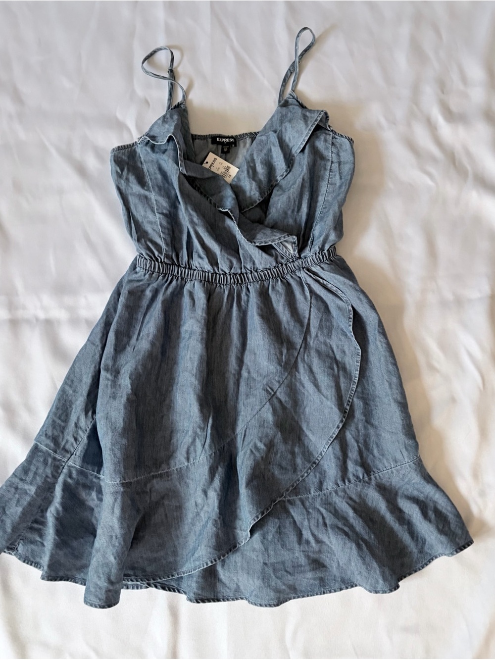 Express Sleeveless denim Chambray Wrap-Style Mini Dress in Light Blue XS NWT